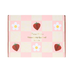 Pink strawberry garland in a checkered flower box birthday theme from Parte Haus party supply store in Bethesda Maryland