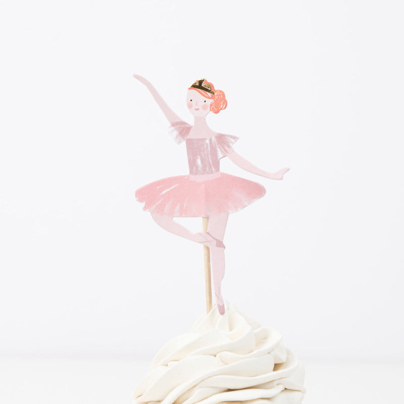 Pink ballerina cake topper on white cupcake birthday decor from Parte Haus party supply store in Bethesda MD