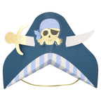 Blue pirate hat with skull and crossed swords birthday theme from Parte Haus party supply store in Bethesda Maryland