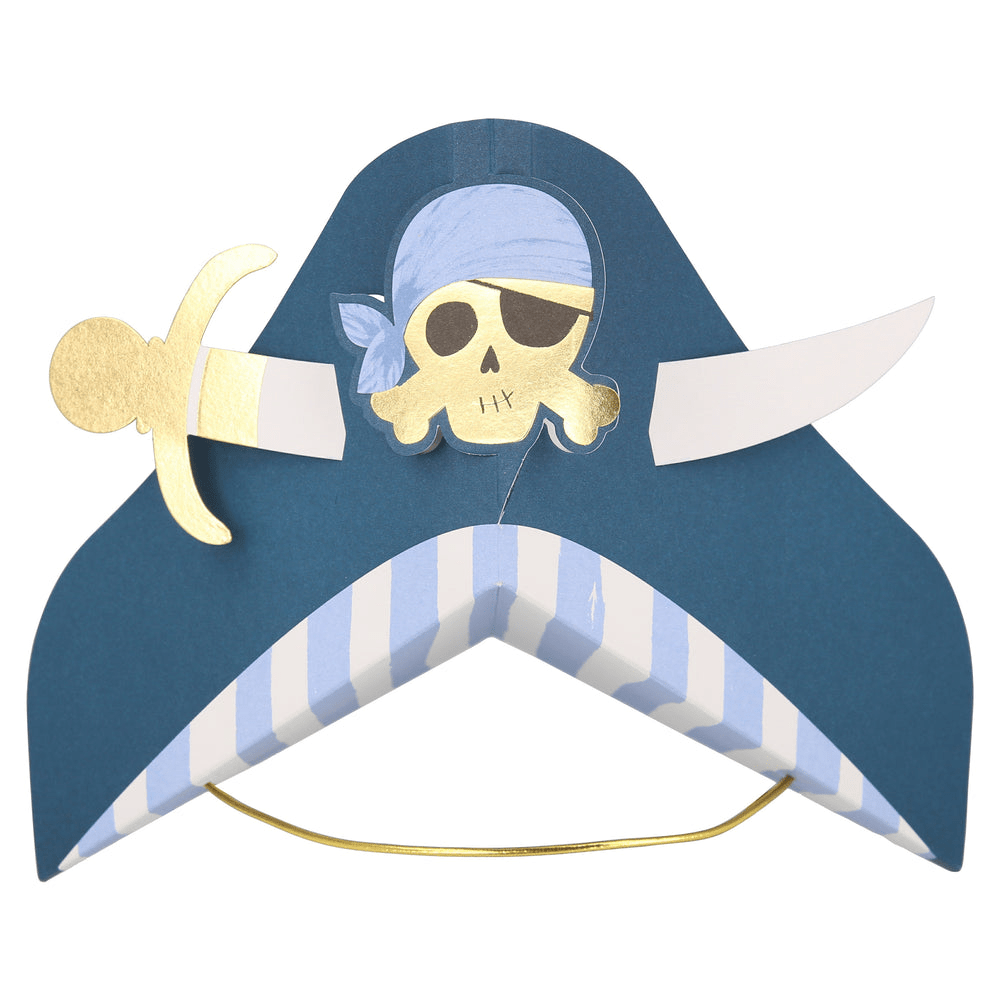 Blue pirate hat with skull and crossed swords birthday theme from Parte Haus party supply store in Bethesda Maryland