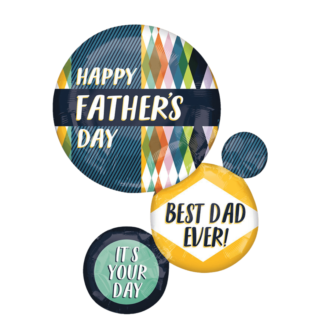 Colorful Father's Day balloon set with argyle and stripes from Parte Haus party supply store in Bethesda Maryland