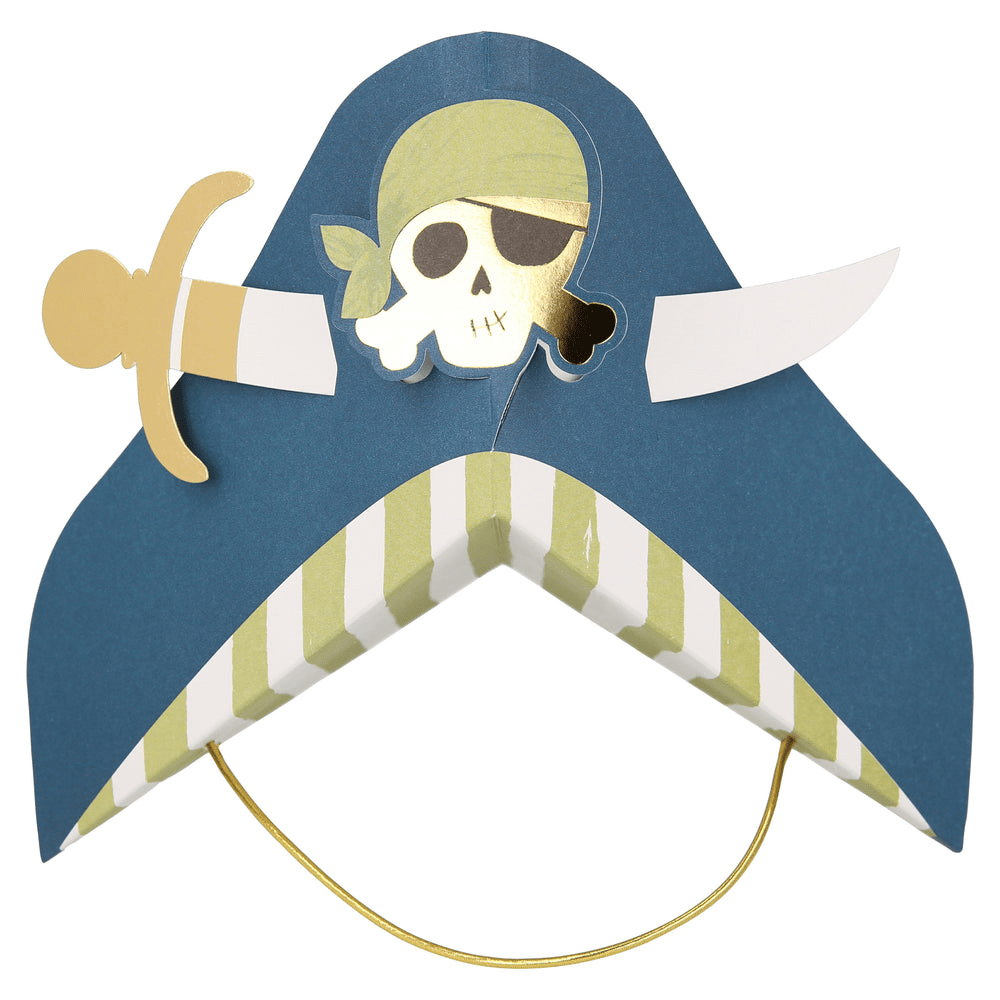 Blue and gold pirate hat with skull and sword for kids pirate theme from Parte Haus party supply store in Bethesda MD