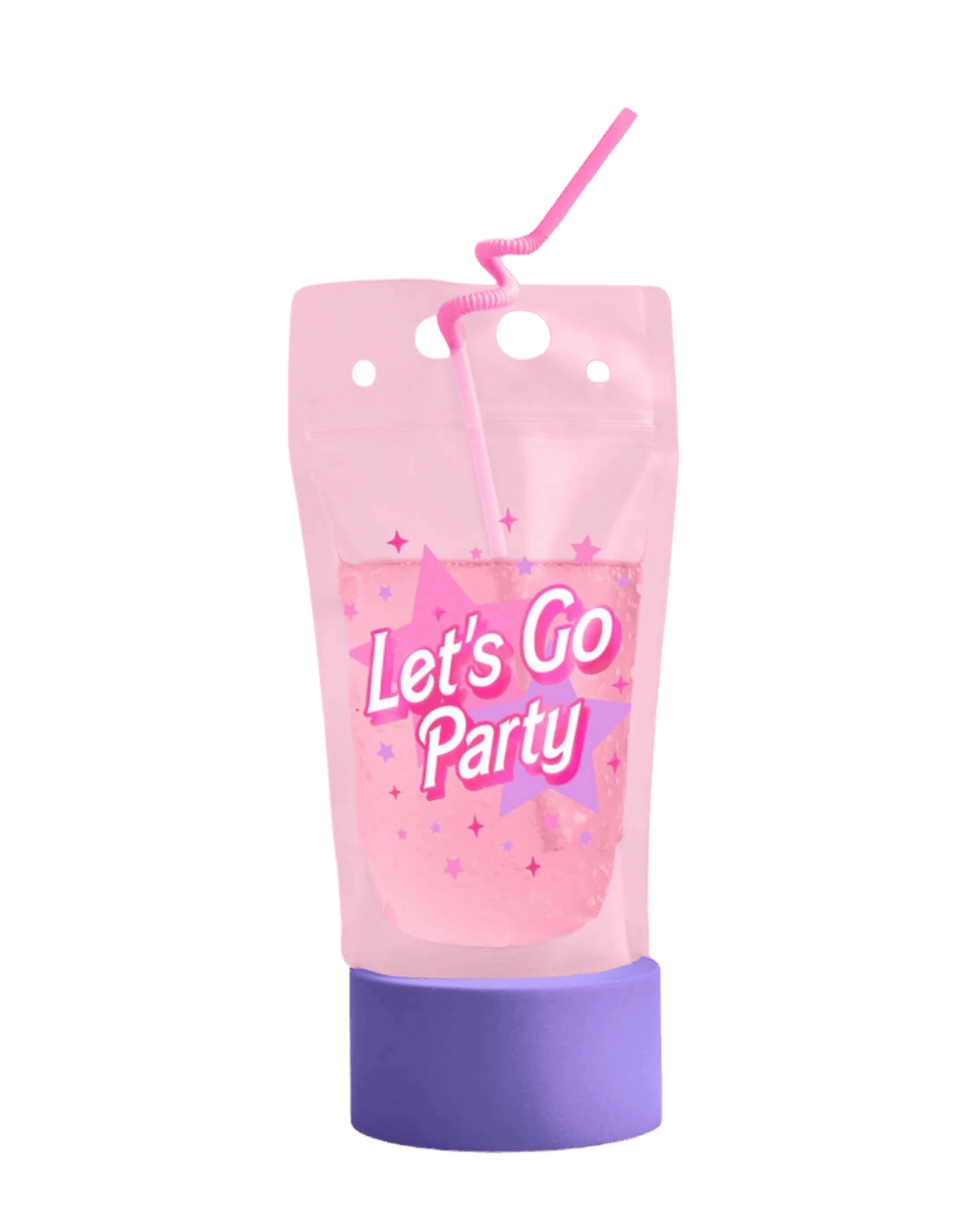 Pink drink pouch with curly straw Let's Go Party stars design birthday theme from Parte Haus party supply store in Bethesda MD