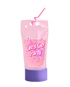 Pink drink pouch with curly straw Let's Go Party stars design birthday theme from Parte Haus party supply store in Bethesda MD