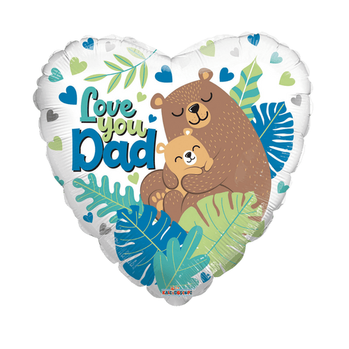 White blue heart balloon with cartoon bears Love You Dad design for Father’s Day from Parte Haus party supply store in Bethesda MD.