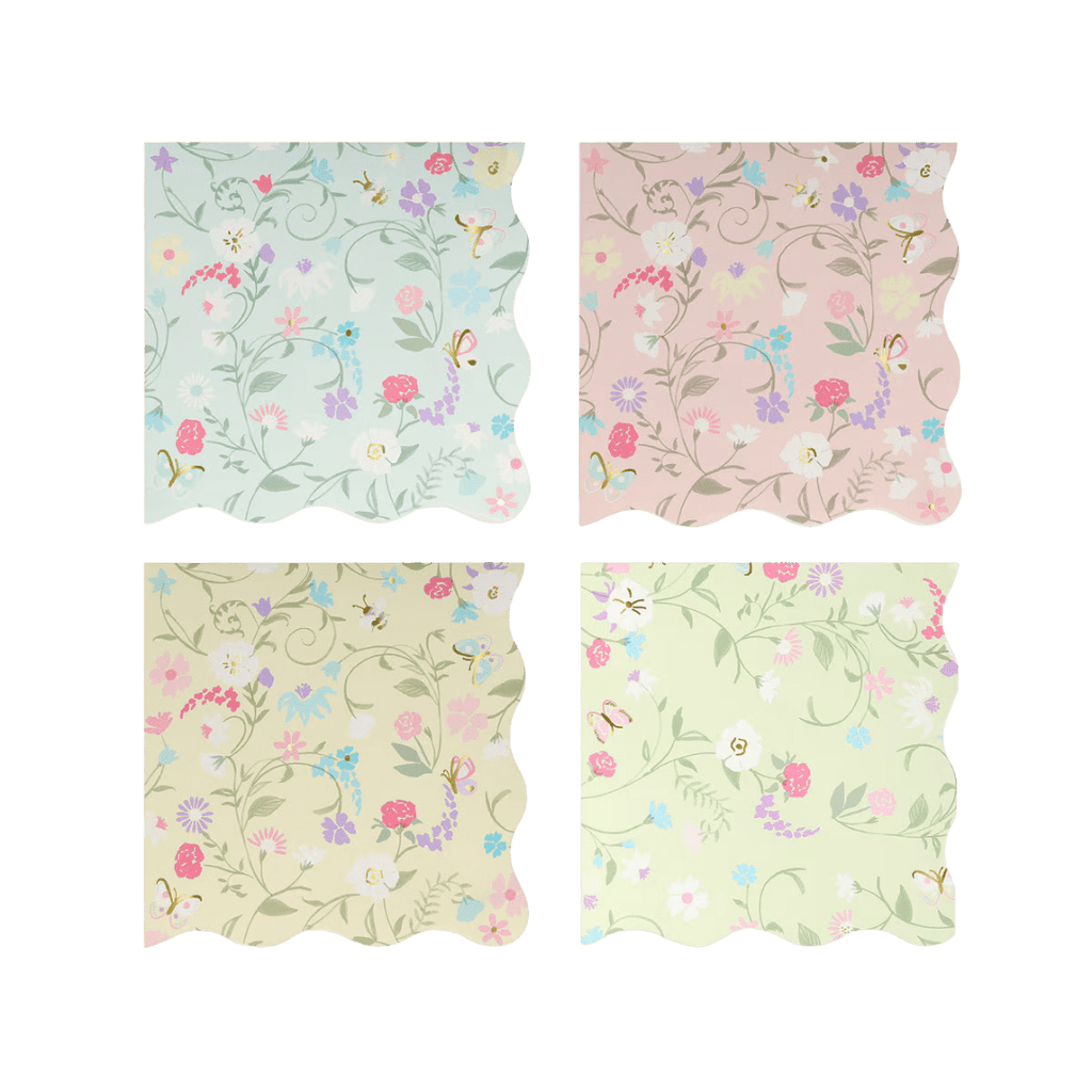 Pastel floral napkins with scalloped edges spring garden theme from Parte Haus party supply store in Bethesda, MD.