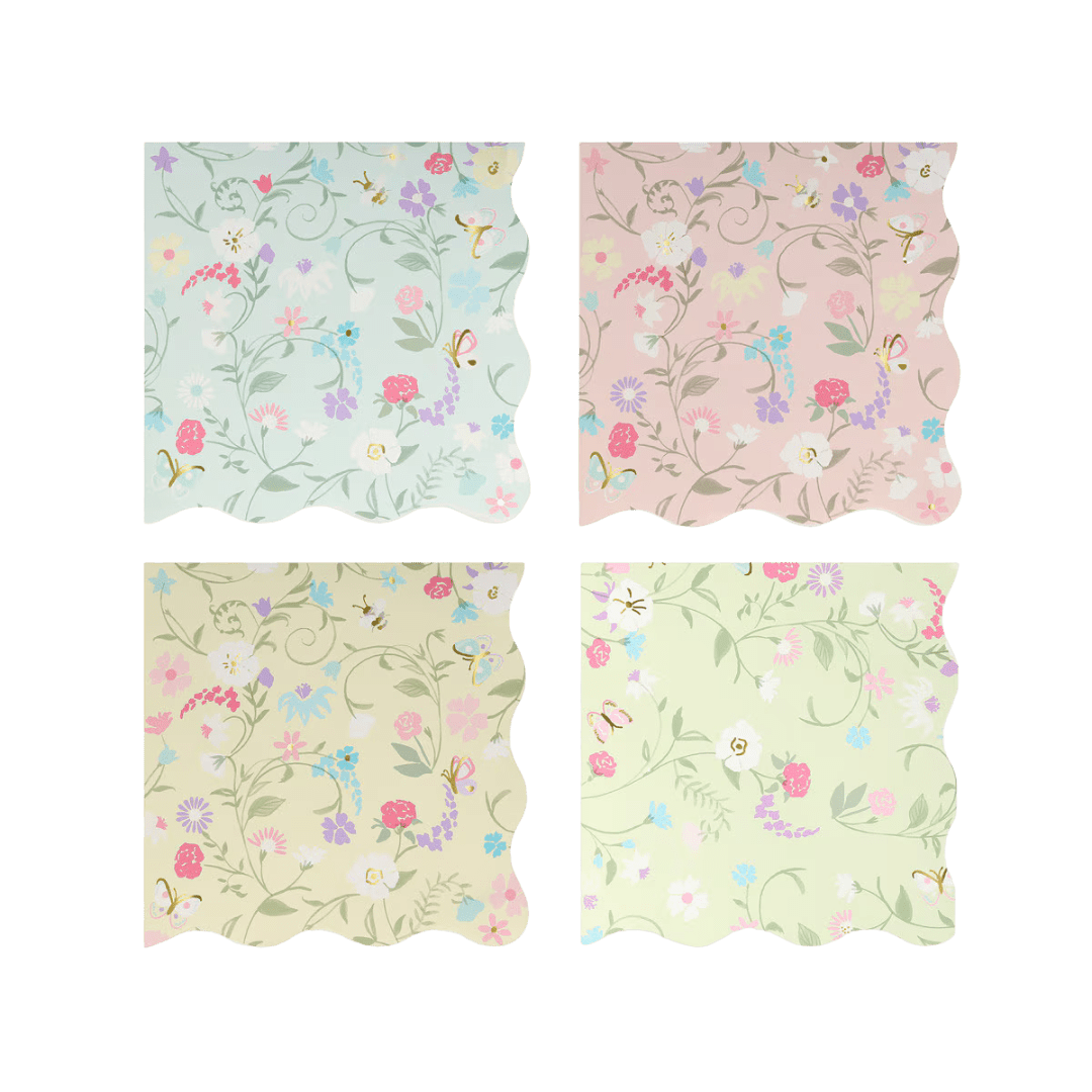 Pastel floral napkins with scalloped edges spring garden theme from Parte Haus party supply store in Bethesda, MD.