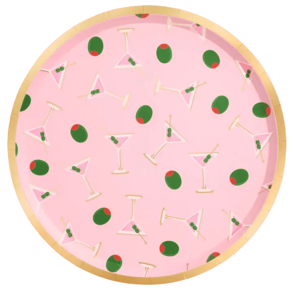 Pink cocktail-themed round plate with olive and martini glass pattern for celebration from Parte Haus party supply store in Bethesda Maryland