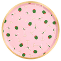 Pink cocktail-themed round plate with olive and martini glass pattern for celebration from Parte Haus party supply store in Bethesda Maryland