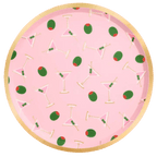 Pink cocktail-themed round plate with olive and martini glass pattern for celebration from Parte Haus party supply store in Bethesda Maryland