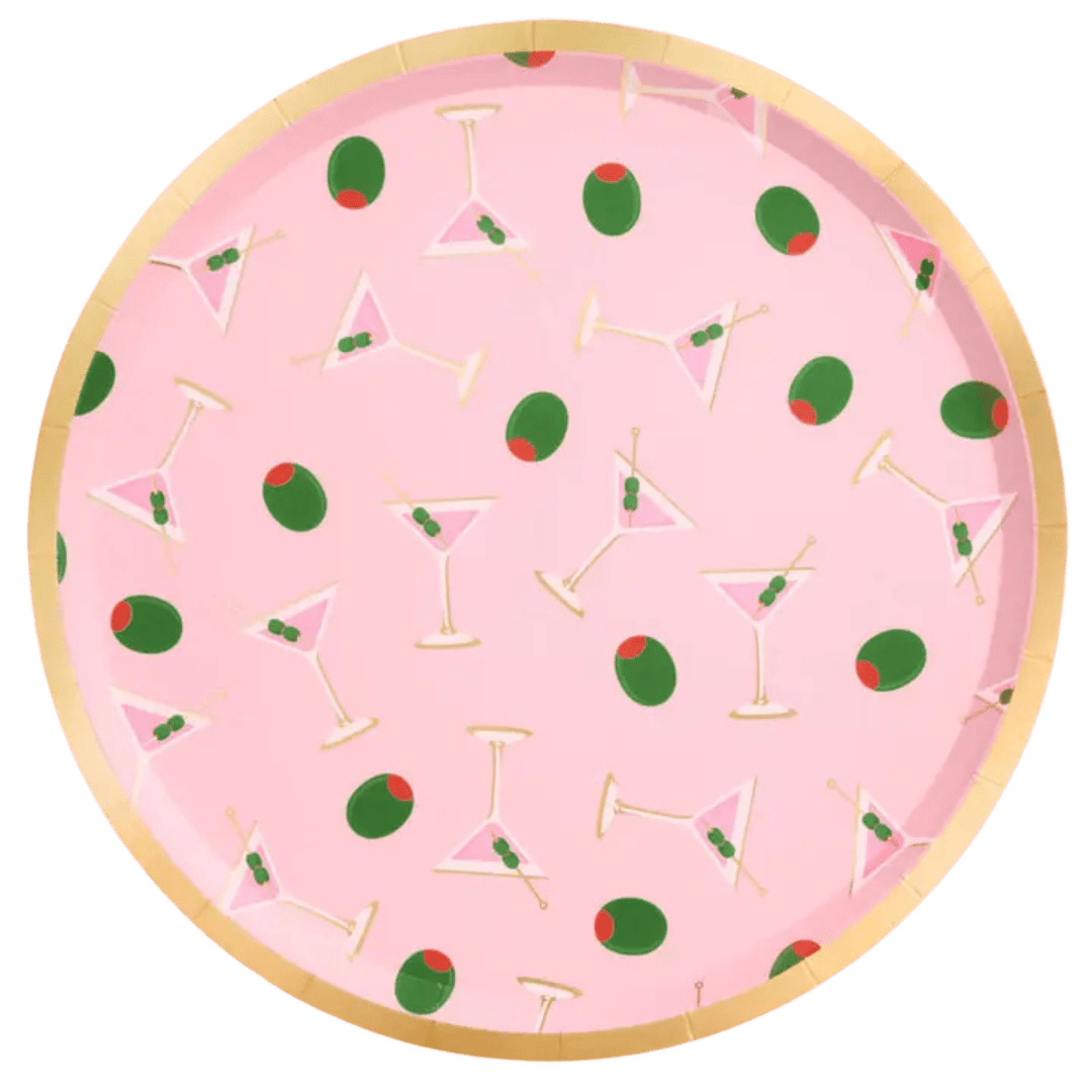 Pink cocktail-themed round plate with olive and martini glass pattern for celebration from Parte Haus party supply store in Bethesda Maryland