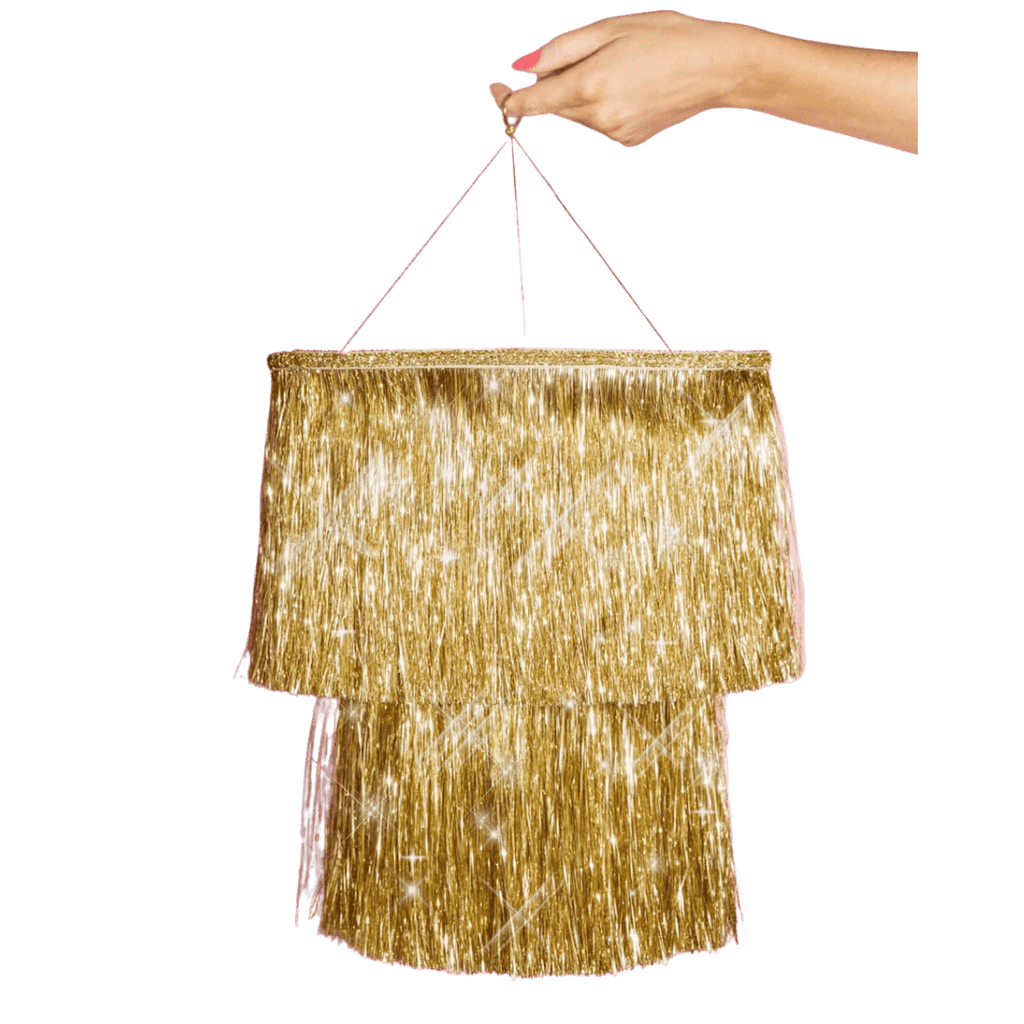 Gold fringe pinata shiny two layer celebration decor from Parte Haus party supply store in Bethesda MD