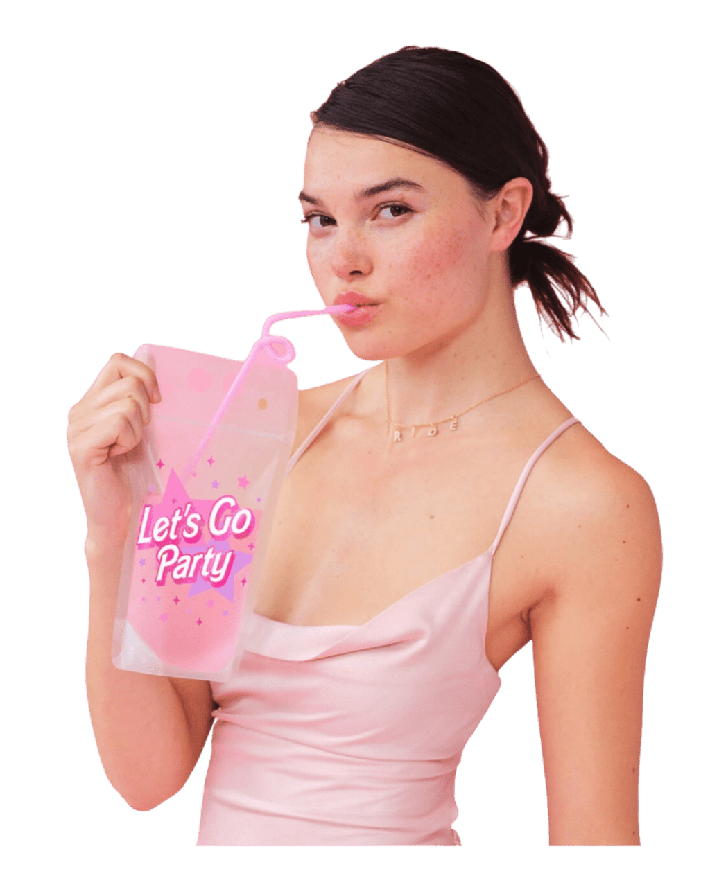 Pink drink pouch with Let's Go Party text held by woman for bachelorette from Parte Haus party supply store in Bethesda MD