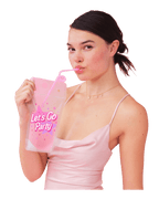 Pink drink pouch with Let's Go Party text held by woman for bachelorette from Parte Haus party supply store in Bethesda MD