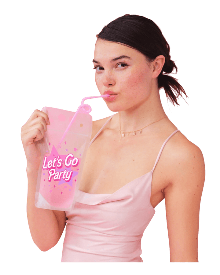 Pink "Let's Go Party" Barbie Birthday Drink Pouches with Twirly Straws