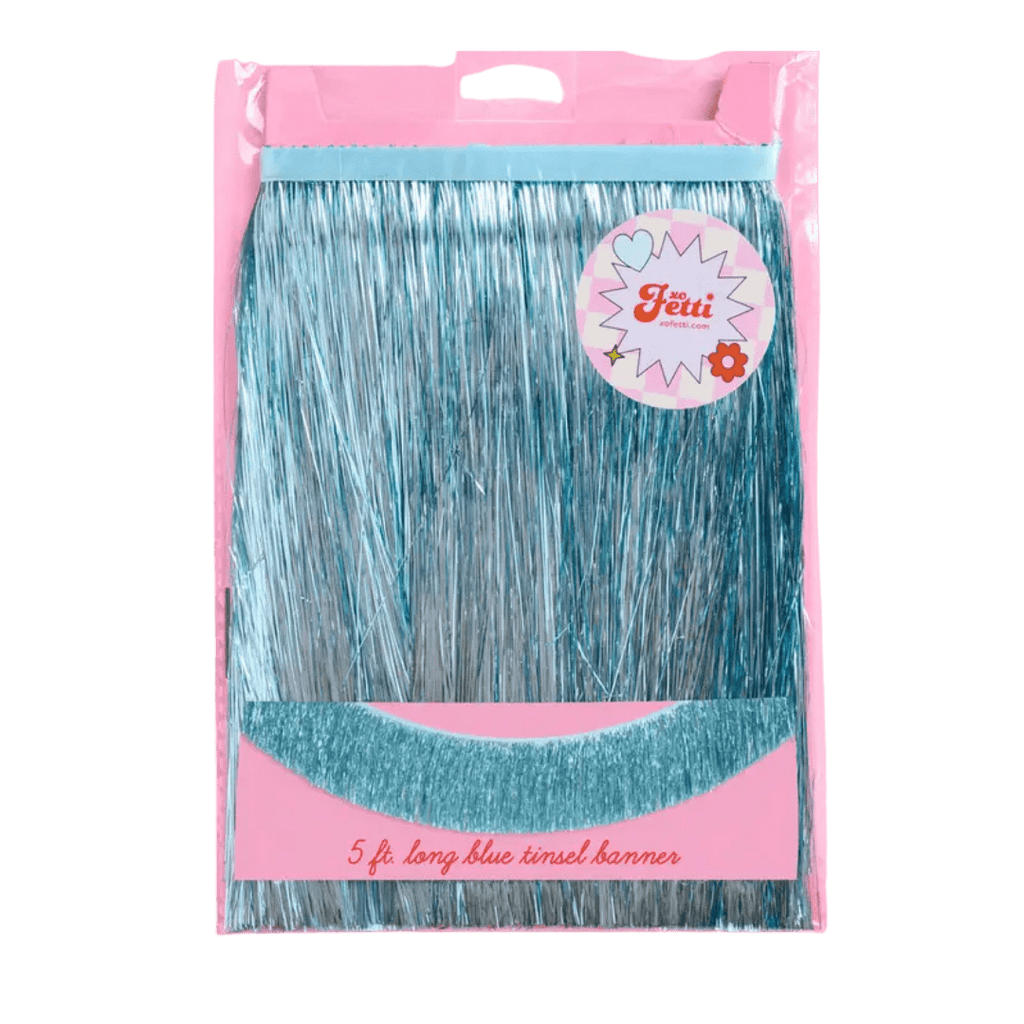 Blue tinsel banner shiny hanging decor birthday theme from Parte Haus party supply store in Bethesda MD