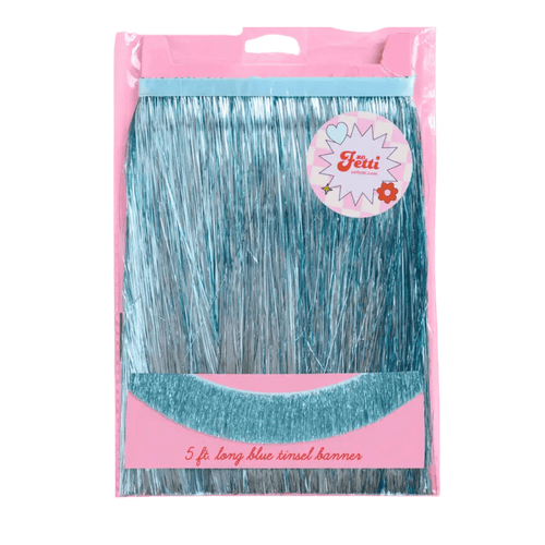 Blue tinsel banner shiny hanging decor birthday theme from Parte Haus party supply store in Bethesda MD