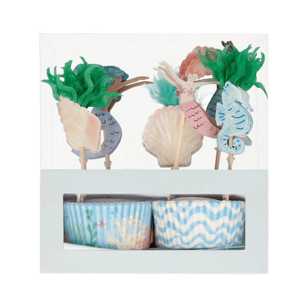 Blue mermaid cupcake kit with sea creatures for under the sea birthday from Parte Haus party supply store in Bethesda MD