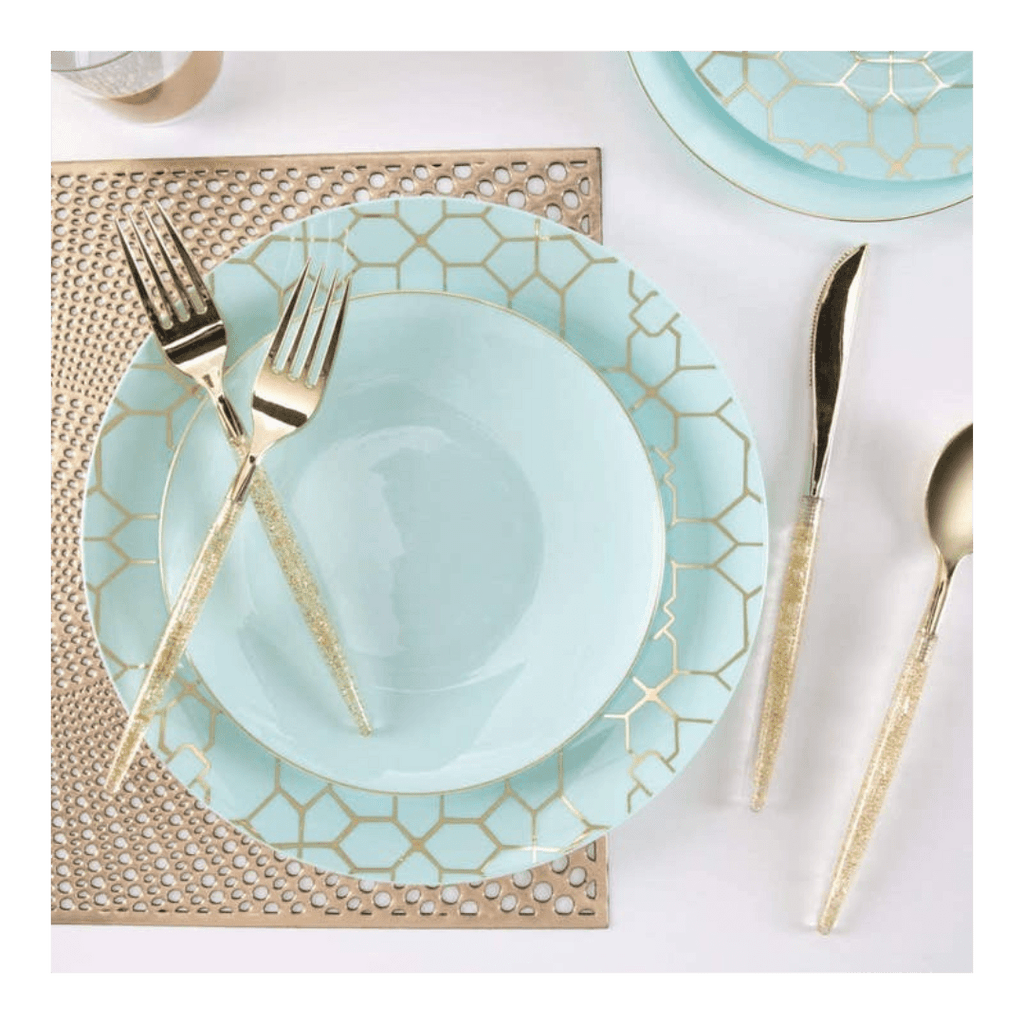 Blue gold geometric dinnerware set elegant tableware for celebration from Parte Haus party supply store in Bethesda MD