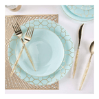 Blue gold geometric dinnerware set elegant tableware for celebration from Parte Haus party supply store in Bethesda MD