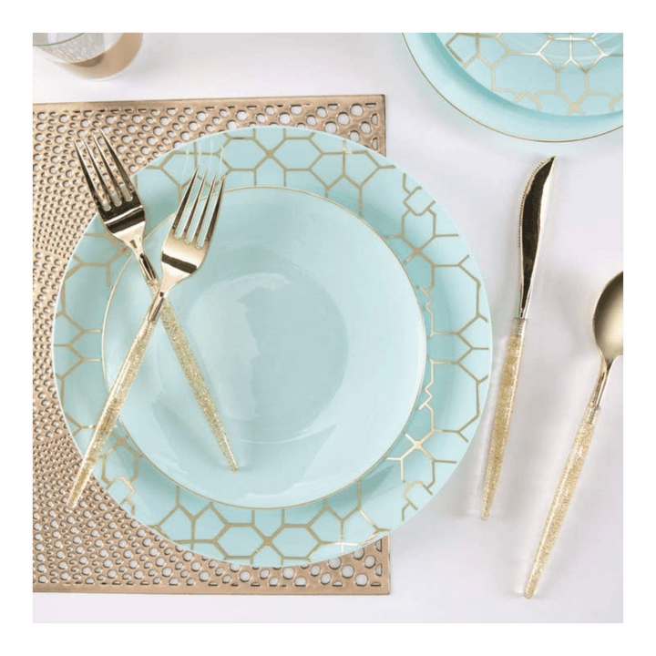 Blue gold geometric dinnerware set elegant tableware for celebration from Parte Haus party supply store in Bethesda MD