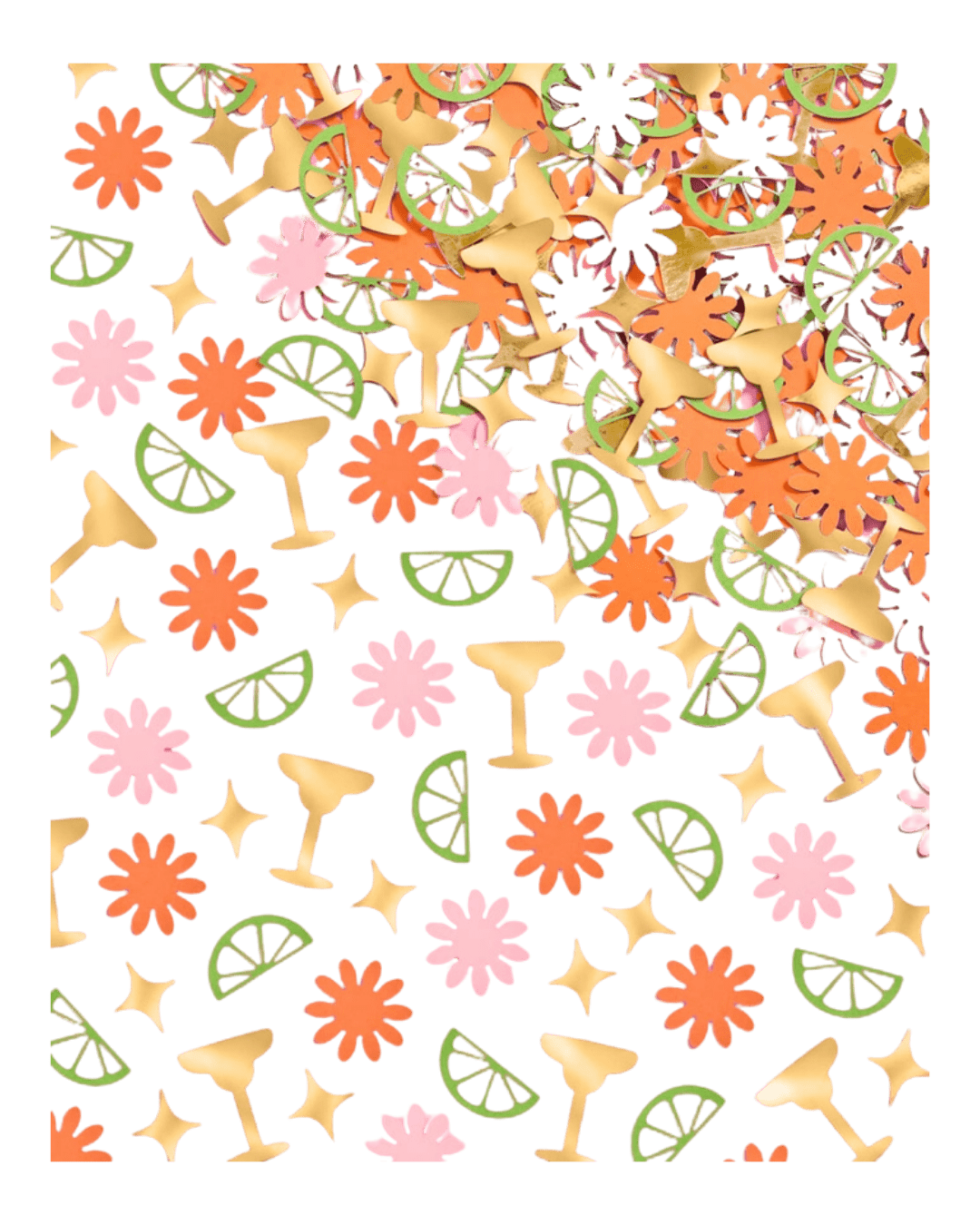 Gold green pink and orange confetti with cocktail glasses flowers and citrus slices fiesta from Parte Haus party supply store in Bethesda Maryland