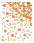 Gold green pink and orange confetti with cocktail glasses flowers and citrus slices fiesta from Parte Haus party supply store in Bethesda Maryland