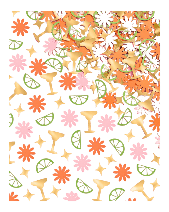 Gold green pink and orange confetti with cocktail glasses flowers and citrus slices fiesta from Parte Haus party supply store in Bethesda Maryland
