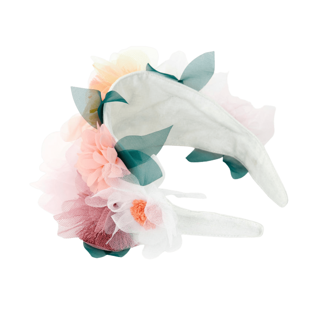 White and pastel bunny ears floral headband for birthday from Parte Haus party supply store in Bethesda MD