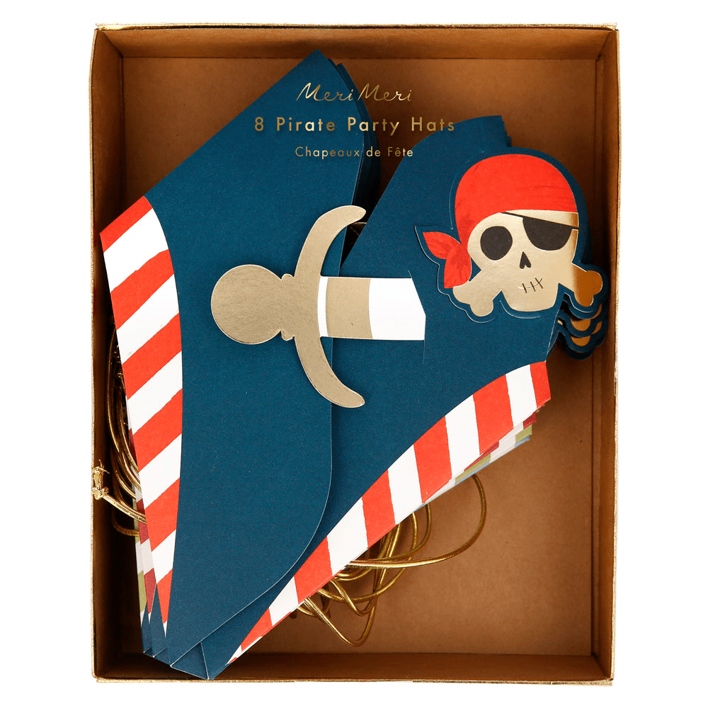 Blue pirate hats with red striped trim featuring sword and pirate face birthday theme from Parte Haus party supply store in Bethesda MD