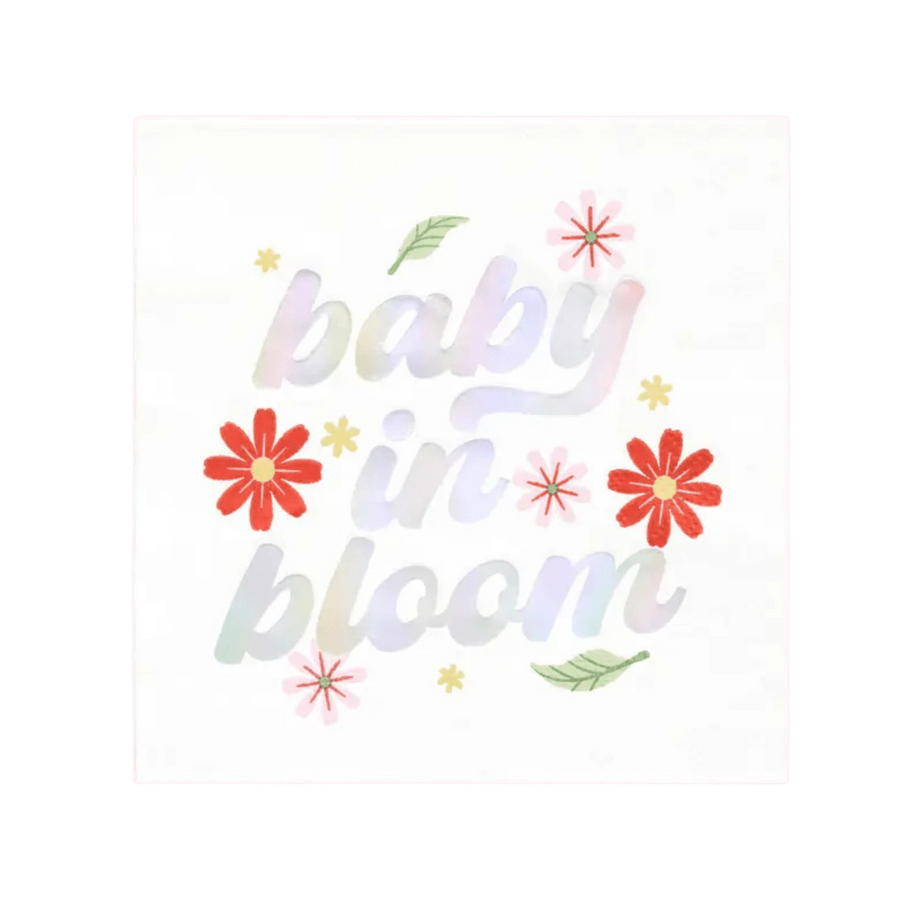 White floral themed napkin with baby in bloom text for baby shower from Parte Haus party supply store in Bethesda MD