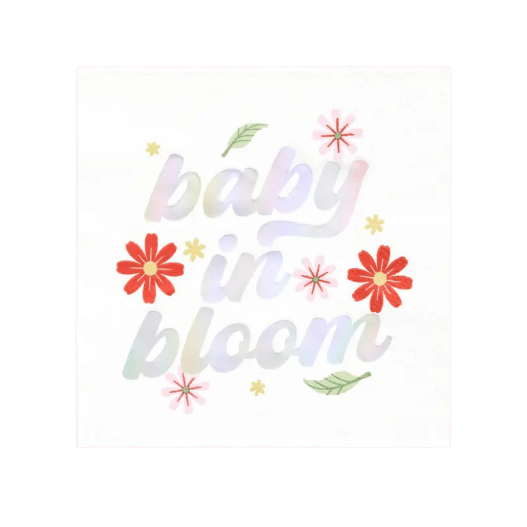 White floral themed napkin with baby in bloom text for baby shower from Parte Haus party supply store in Bethesda MD