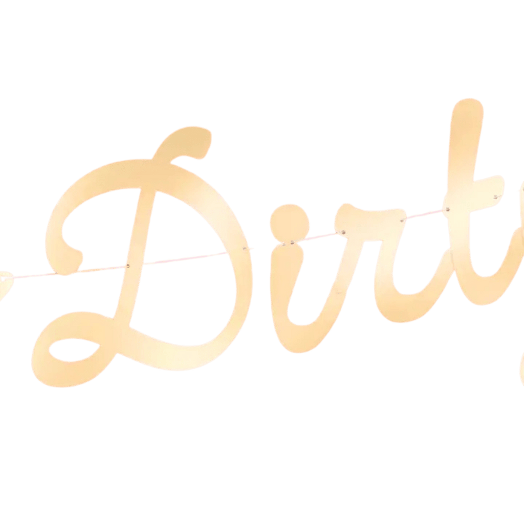 Gold custom banner with cursive script for birthday milestone from Parte Haus party supply store in Bethesda MD
