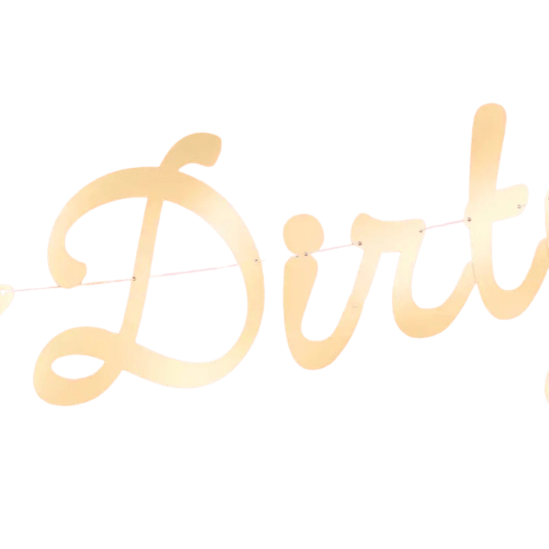 Gold custom banner with cursive script for birthday milestone from Parte Haus party supply store in Bethesda MD