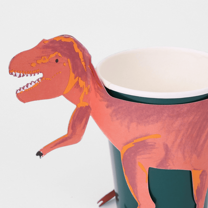 Pink dinosaur paper cup kids birthday decoration from Parte Haus party supply store in Bethesda Maryland