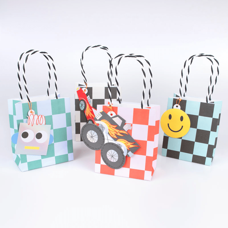 Multicolor checkered gift bags with fun tags kids birthday theme from Parte Haus party supply store in Bethesda Maryland