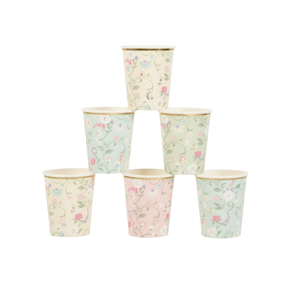 Pastel floral cups paper cups with flower print spring theme from Parte Haus party supply store in Bethesda MD