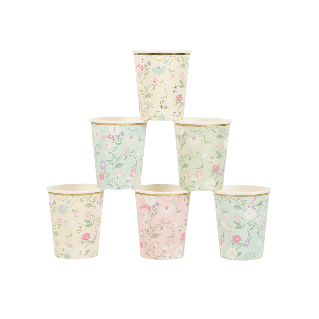 Pastel floral cups paper cups with flower print spring theme from Parte Haus party supply store in Bethesda MD