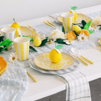 Yellow striped tableware and lemon themed place setting summer tablescape at Parte Haus party supply store in Bethesda Maryland