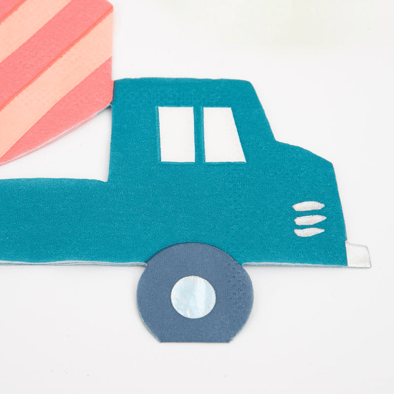 Blue truck shaped napkin construction birthday theme from Parte Haus party supply store in Bethesda Maryland