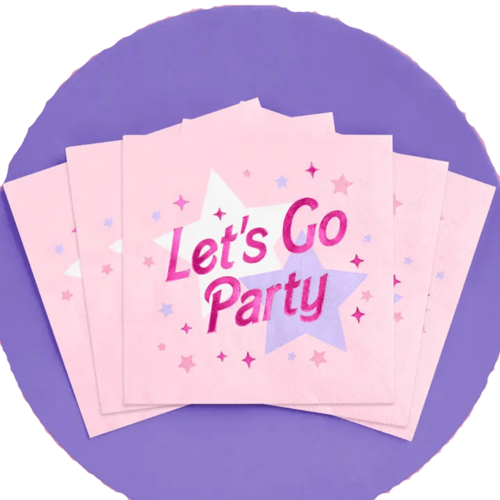 Pink napkins with Let's Go Party stars theme from Parte Haus party supply store in Bethesda Maryland