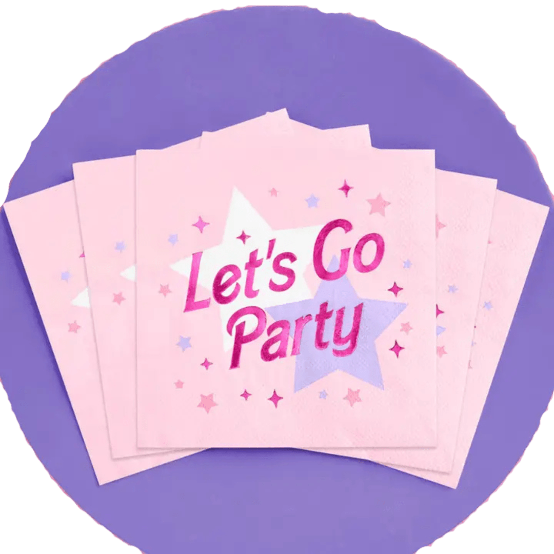 Pink napkins with Let's Go Party stars theme from Parte Haus party supply store in Bethesda Maryland