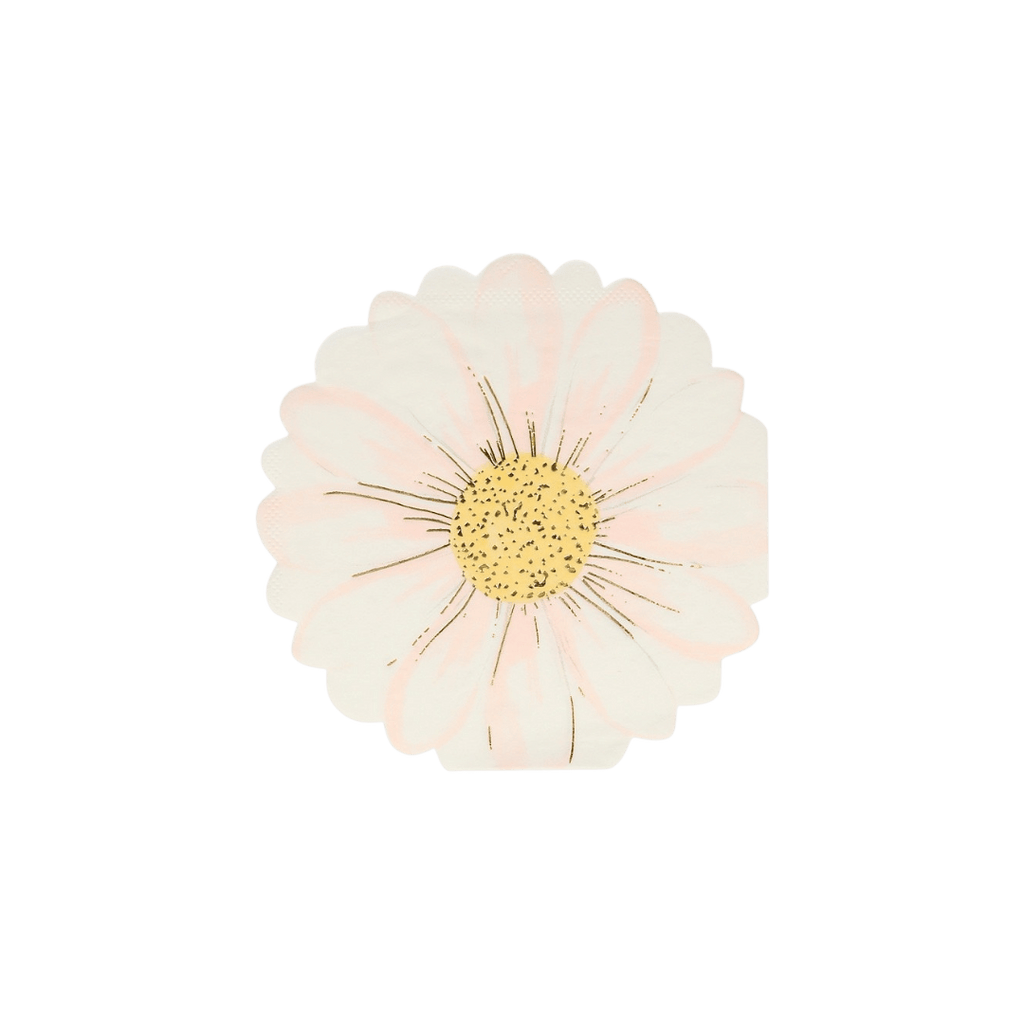 White daisy flower napkin with yellow center floral birthday theme from Parte Haus party supply store in Bethesda MD