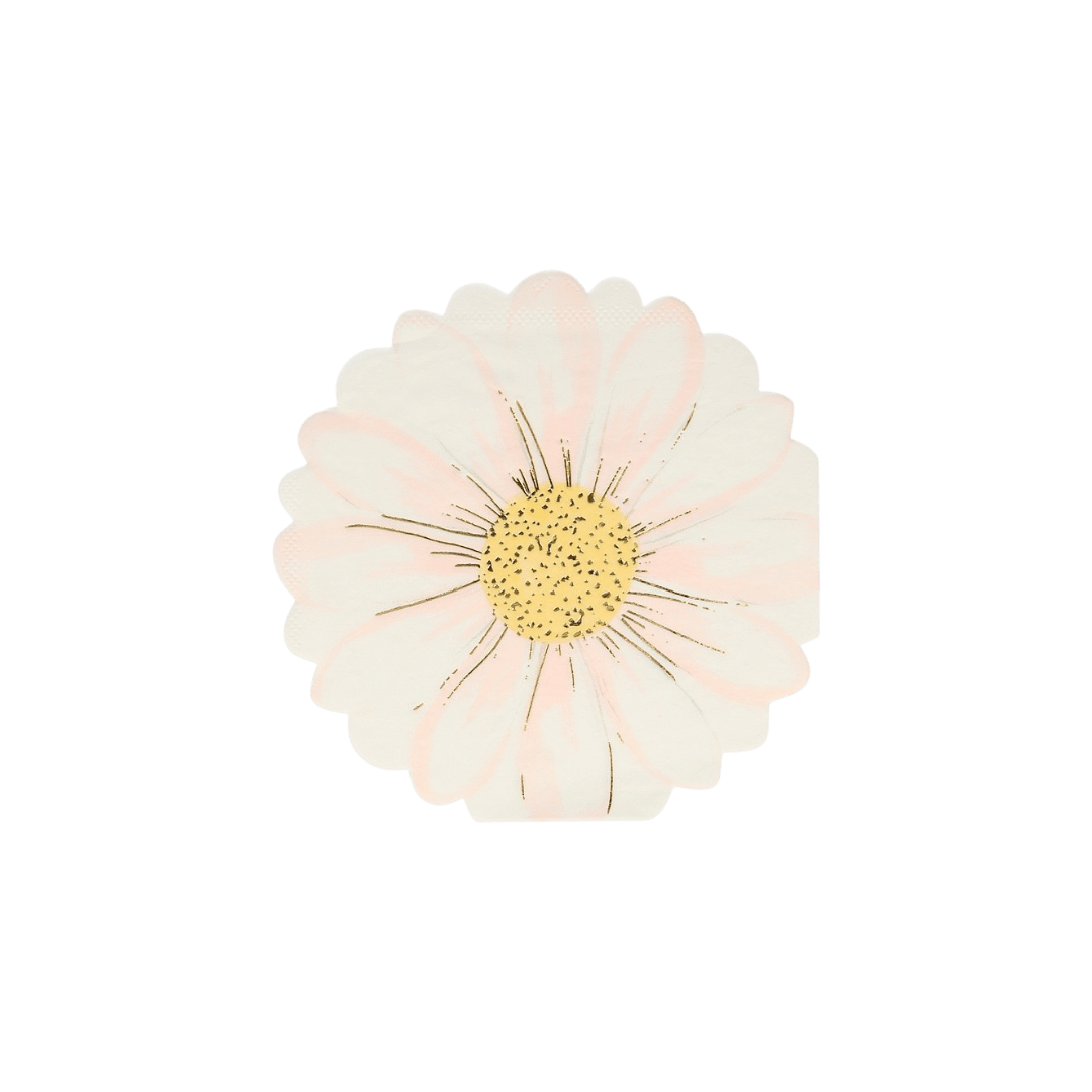 White daisy flower napkin with yellow center floral birthday theme from Parte Haus party supply store in Bethesda MD