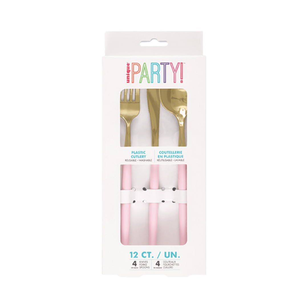 Pink and gold plastic cutlery set for birthday celebration from Parte Haus party supply store in Bethesda Maryland