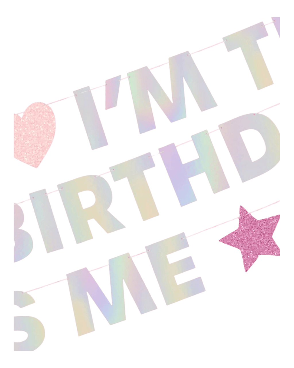 iridescent and pink glitter happy birthday banner with heart and star for birthday from Parte Haus party supply store in Bethesda Maryland