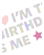 iridescent and pink glitter happy birthday banner with heart and star for birthday from Parte Haus party supply store in Bethesda Maryland