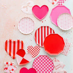 Red and pink heart shaped and striped paper plates for Valentines Day from Parte Haus party supply store in Bethesda MD