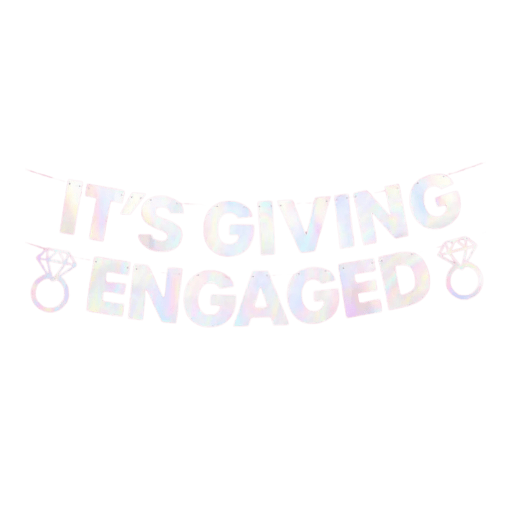 Iridescent engagement banner with diamond rings theme from Parte Haus party supply store in Bethesda Maryland