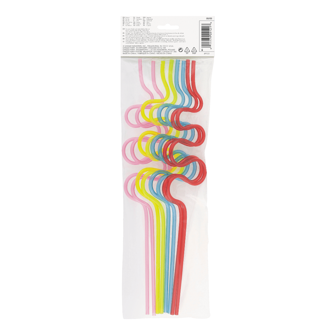 Multicolor curly drinking straws in clear pack birthday theme from Parte Haus party supply store in Bethesda Maryland